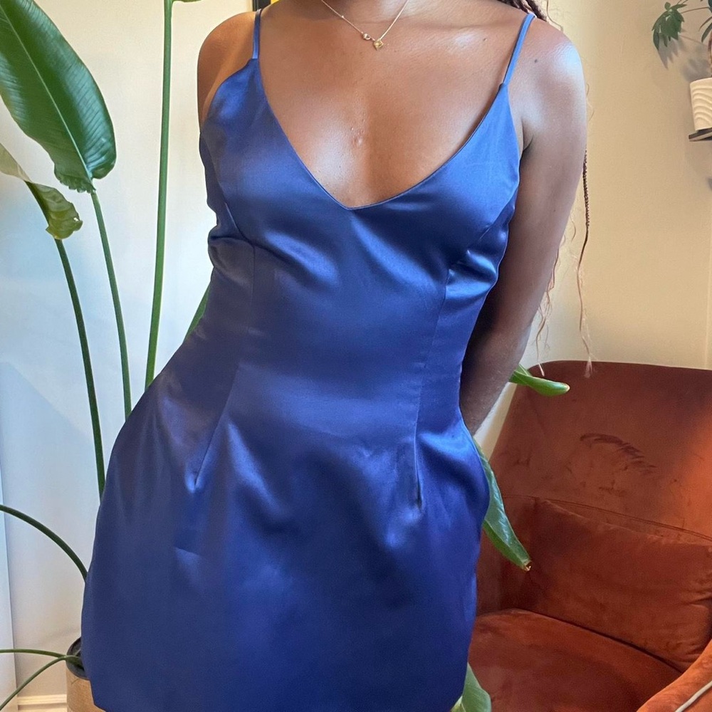 Sleek Royal Blue Satin A-Lind Mini Dress